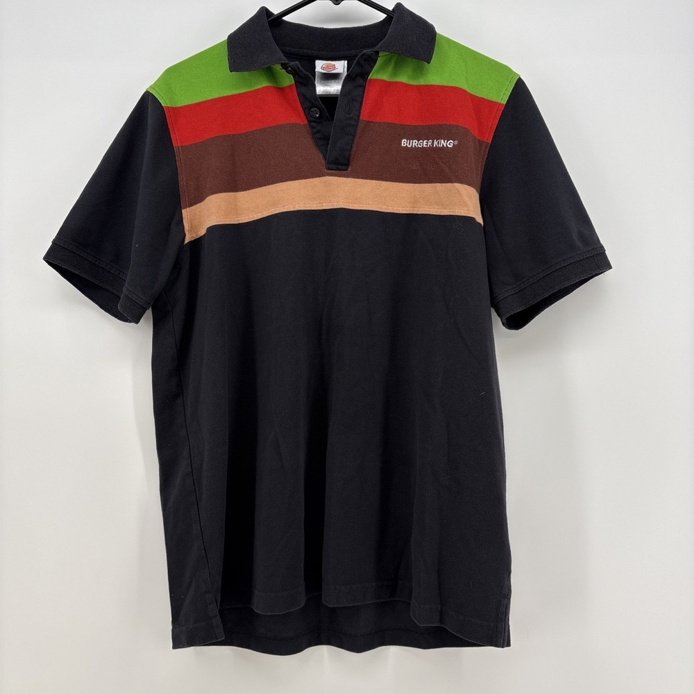 VTG Burger King Employee M Color Block Black Striped Short Sleeve Polo Shirt - Picture 2 of 8